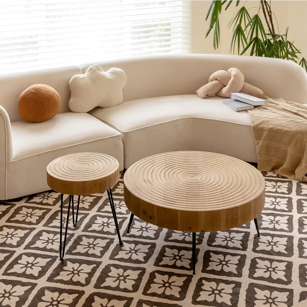 Mesas nido estilo granja boho con motivo de anillo de madera, juego de mesa de centro redonda con acabado natural para sala de estar