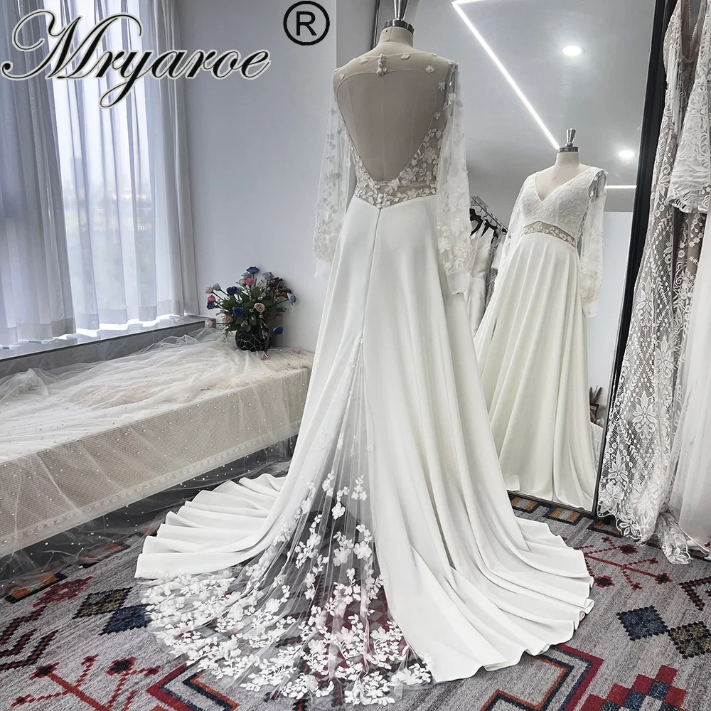 Mryarce Eleganz 3d Blumen v Hals eine Linie Seite Schlitz Brautkleider Brautkleider mit abnehmbaren Ärmeln – Detail 2