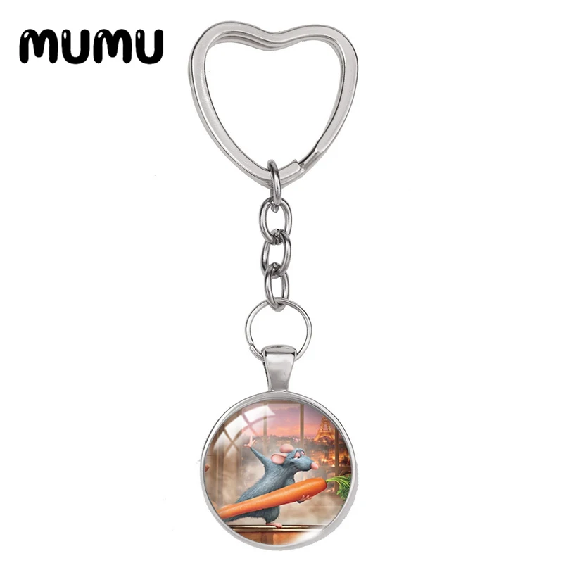 2024 New Ratatouille Rat Remy Heart Keyring Funny Keychain Glass Dome Cabochon Jewelry Gifts Children