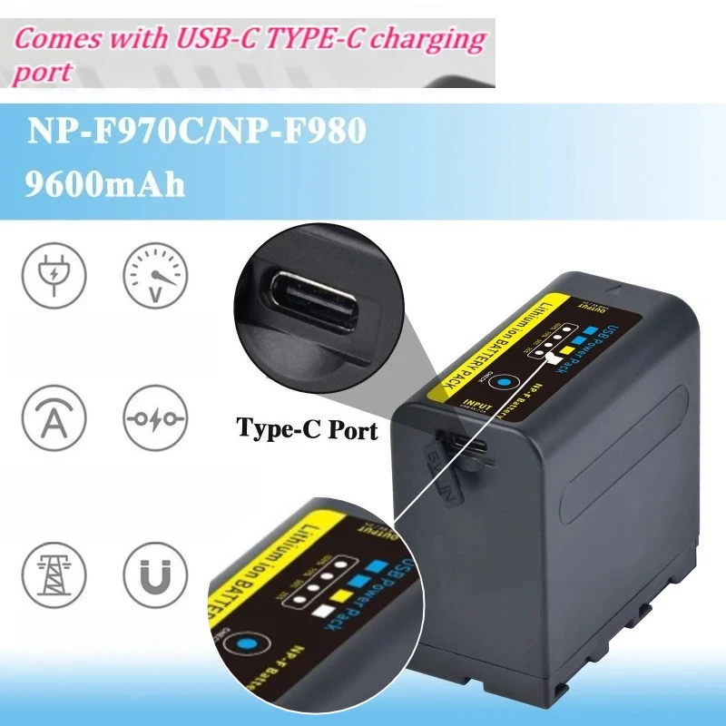 9600mAh NP-F970/NP-F980 Direct Charge Battery with Built-in Type-C USB Charging Port  Suitable for Sony Digital Equipment Series