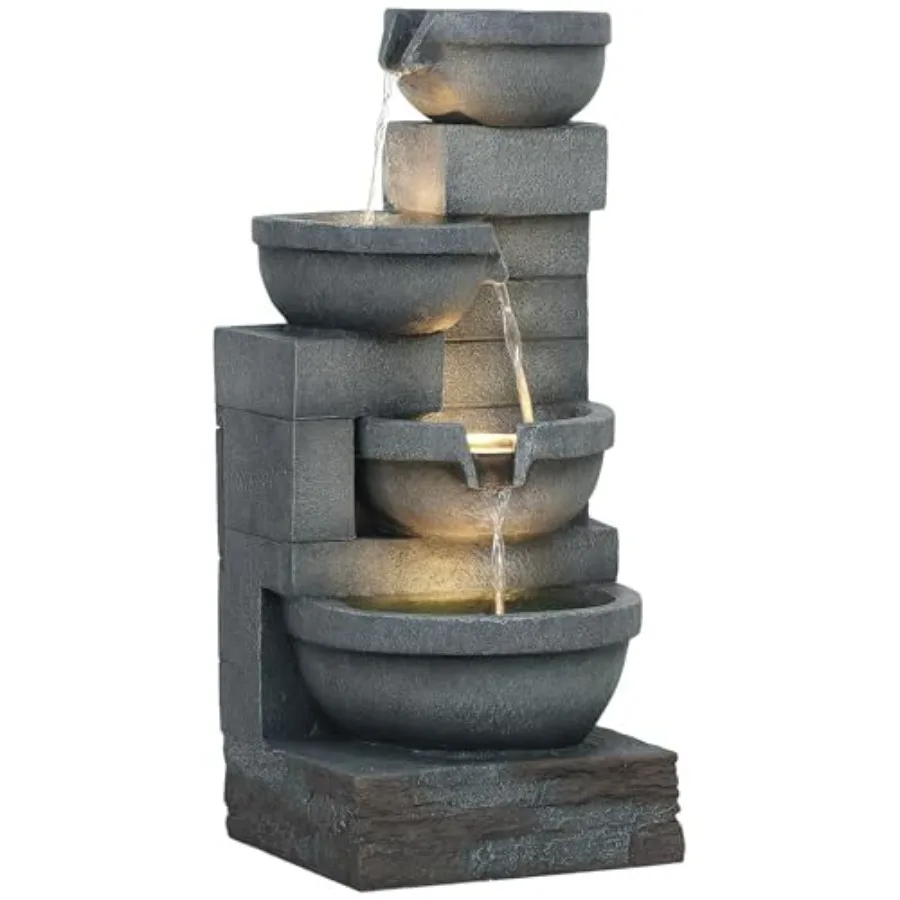 

30 Tall Outdoor Waterfall Fountain with LED Lights 4-Tier Resin Cascading Water Bowls with Pump Gray