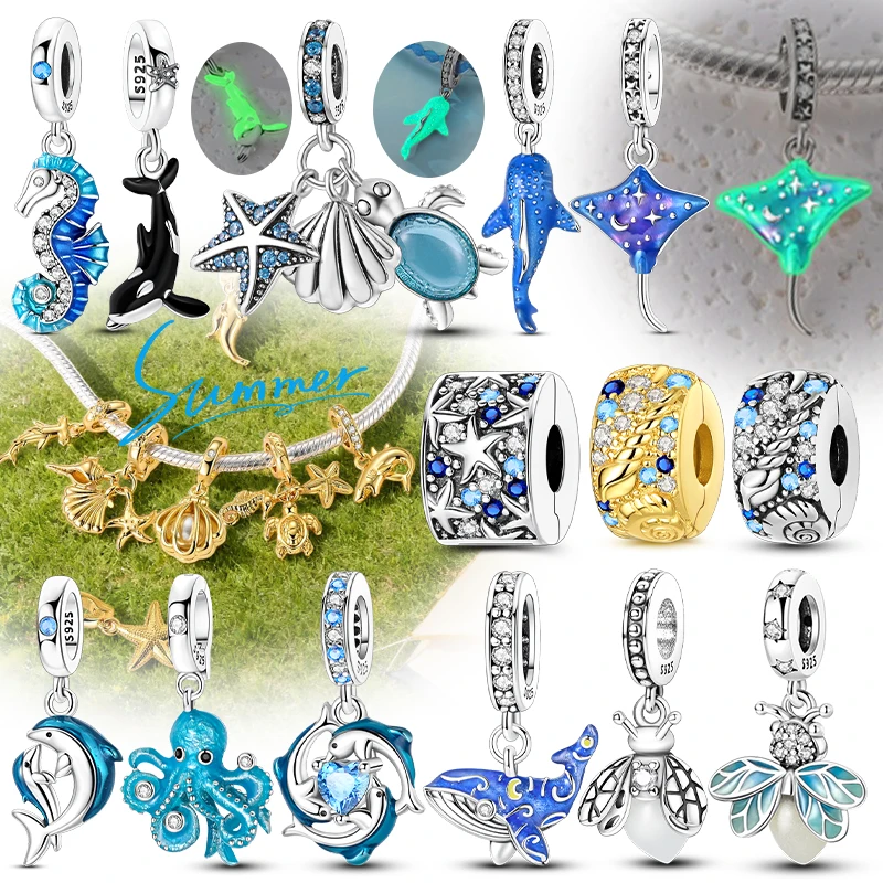 2026 Sommer Charms Perlenanhänger 925 Sterling Silber Ozeanperle Fisch Muschel Schildkröte Charm passend für Armband für Damen DIY Schmuck Geschenk – Detail 1