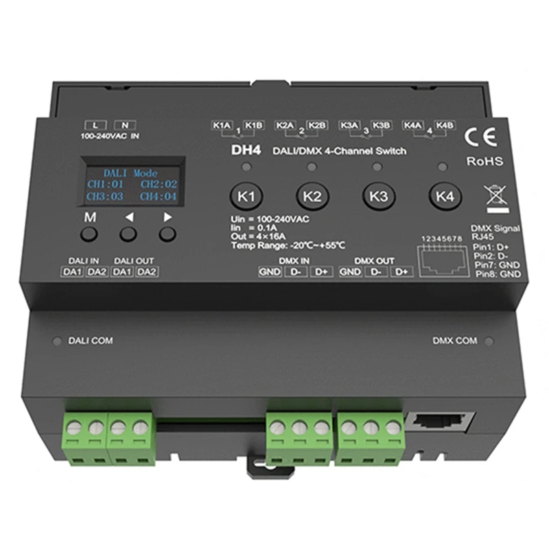 For DMX 4-Channel Switch With OLED Display Screen Relay 4CH Dry Contact Output 4 Address DMX-RDM Din Rail 100-240VAC