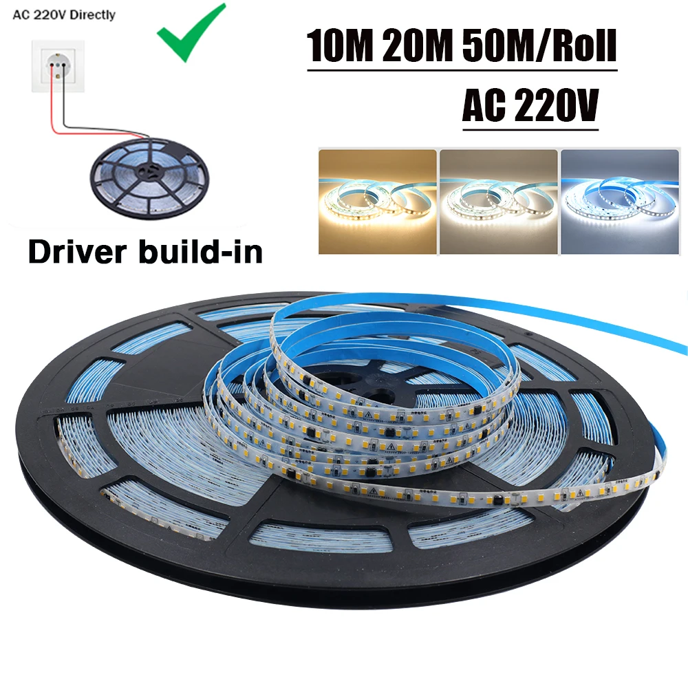 10M 20M 50M/Roll LED Strip AC 220V 240V SMD 2835 120Leds/m NO Need Driver IP65 Waterproof Flexible Ribbon Rope LED Tape Light