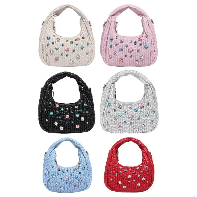 

Womens PU Leather Shoulder Bag Pleated Handbag Purse Fashion Rhinestones Crossbody Bag Shopping Bag Female Bag