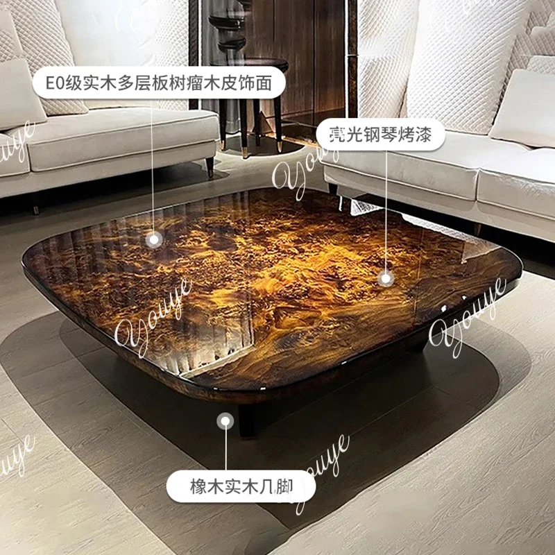 XM Italian Light Luxury Solid Wood Villa, Large Flat Floor Square Tea Table, Nodule Wood Veneer Art Living Room Square Table