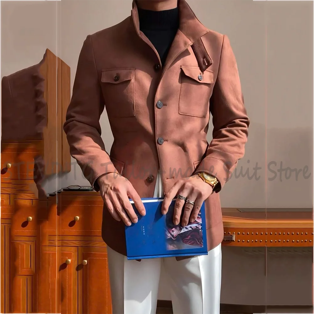 Vintage Stand Collar Men Suit Contrast Color Smart Casual Single Breasted Outfit High Street Style Social Club Party Wear