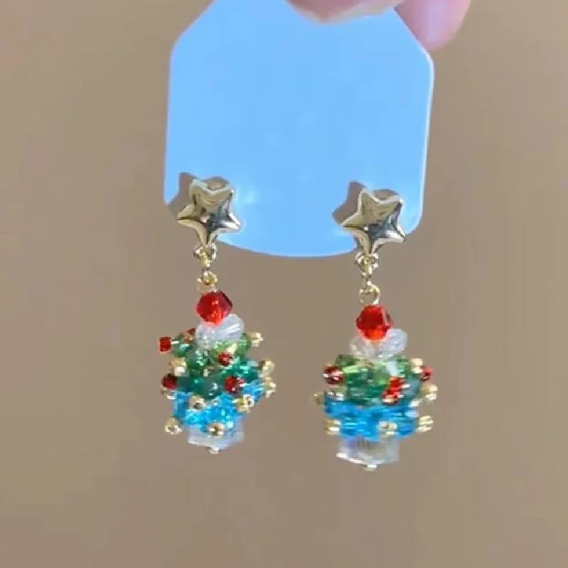 

Trendy Red Bow Christmas Tree Beads Drop Earrings for Women Silver Plated Needle Girl Jewelry New Year Party Gift