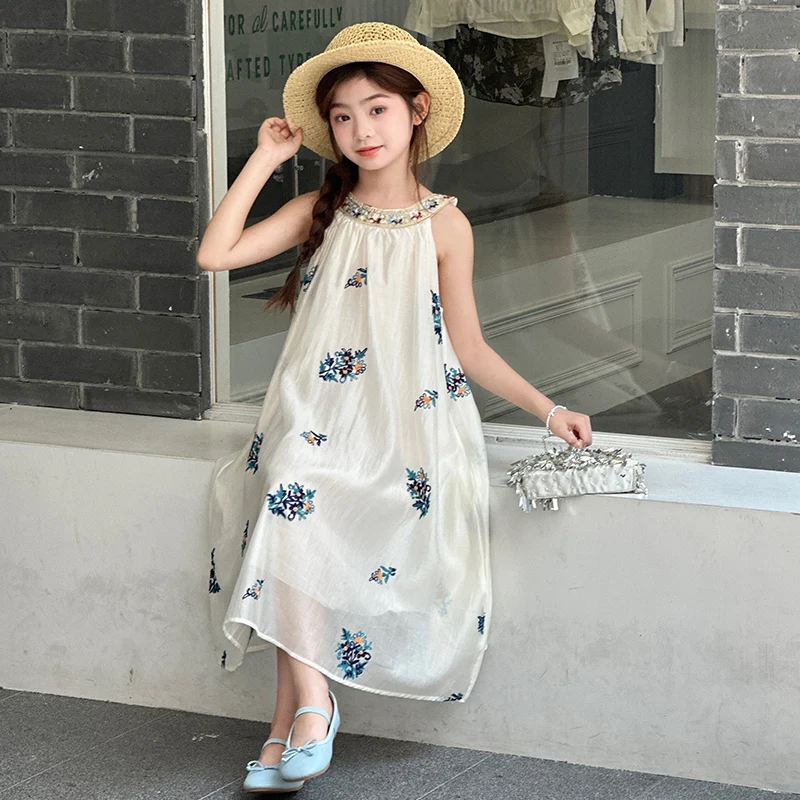 Summer Girl's Hanging Neck Beach Dress 2025 New Style Children's Princess Skirt Sleeveless Vacation Beach Long Skirt