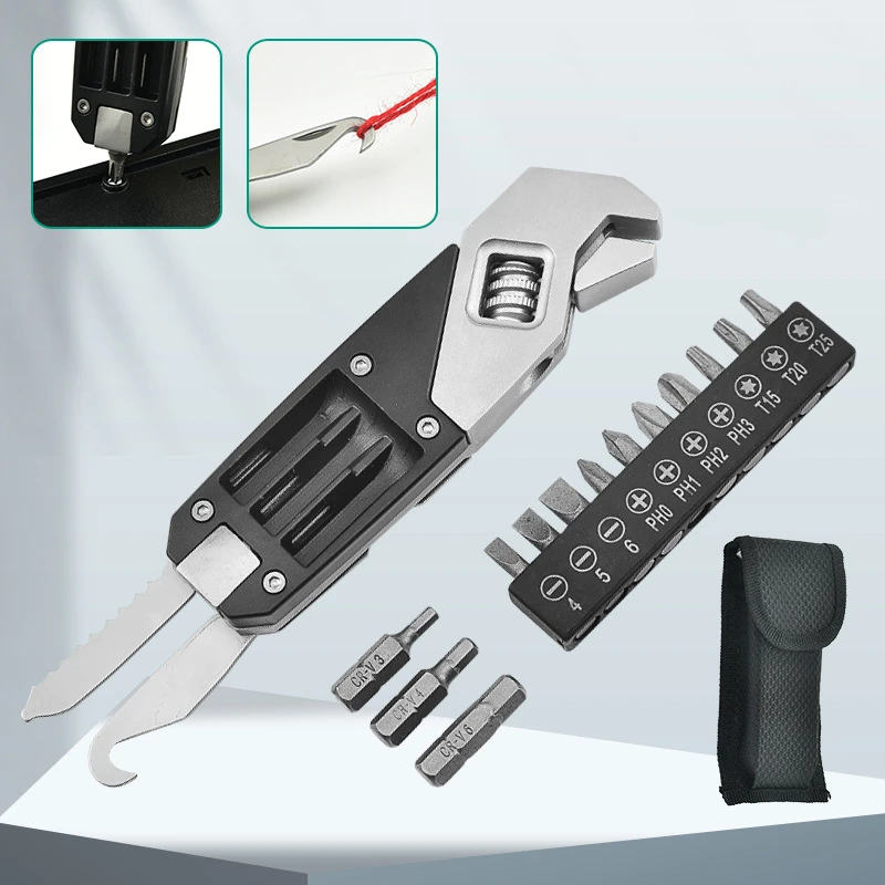 Stainless Steel Adjustable Wrench Foldable Hexagonal Wrench Multifunctional Spanner With Screwdriver Bit Hand Repair Tools