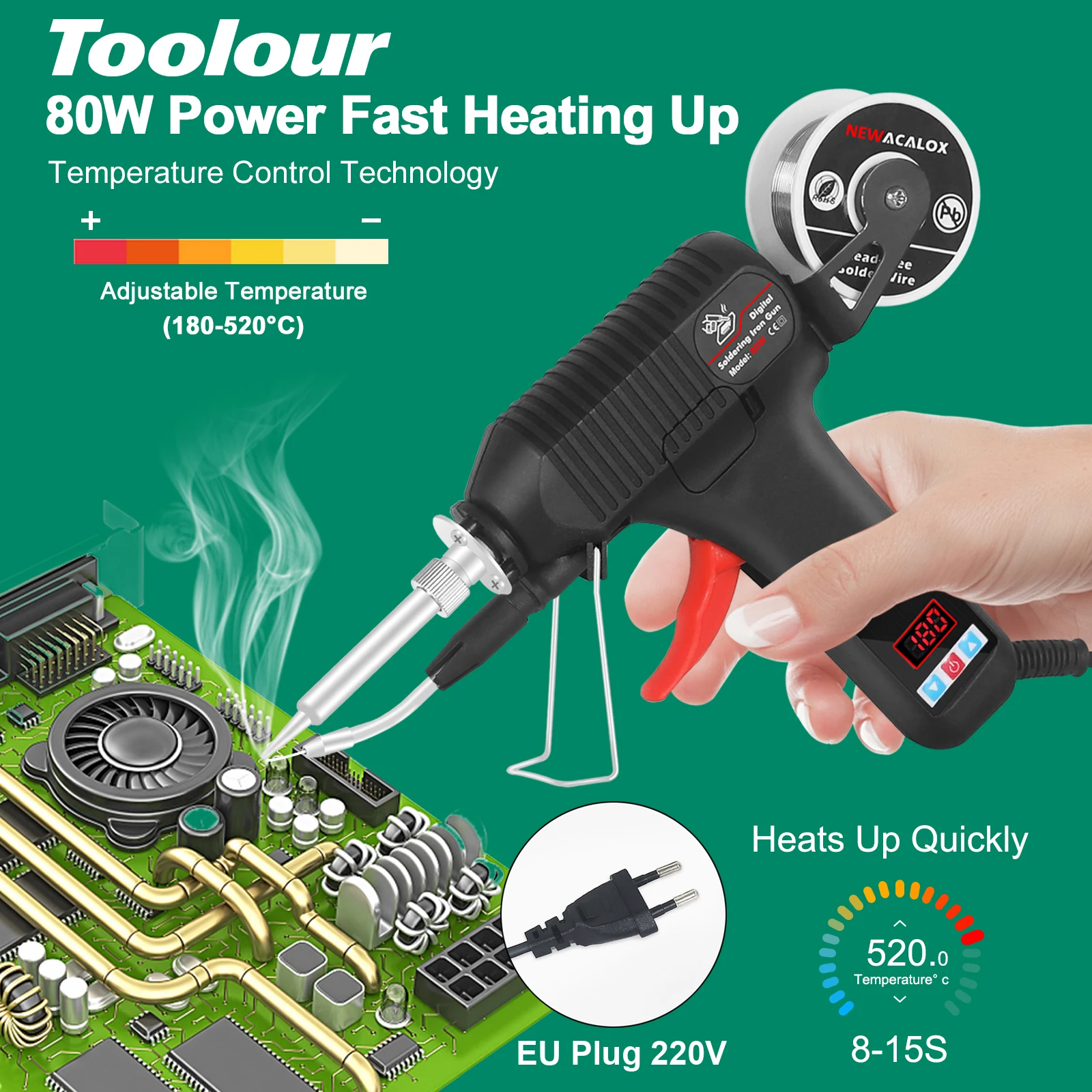 Toolour 80W Digital Soldering Gun Kit with Adjustable Temp 180-520°C Auto Send Tin Soldering Iron for Electronic Welding Repair