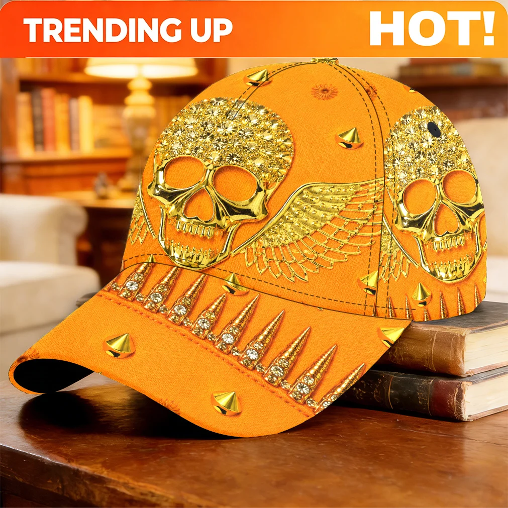 Customization 1pc 2D Flat Golden Winged Skull Pattern Baseball Cap Graduation Gift Skateboarding Golf Cap Fishing Vacation Breat