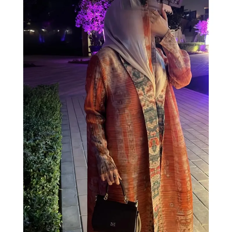 Pleated Fashion Print Trench Coat Women Open Stitch Full Sleeve Lace-up Loose Outwear 2024 Autumn New Windbreaker