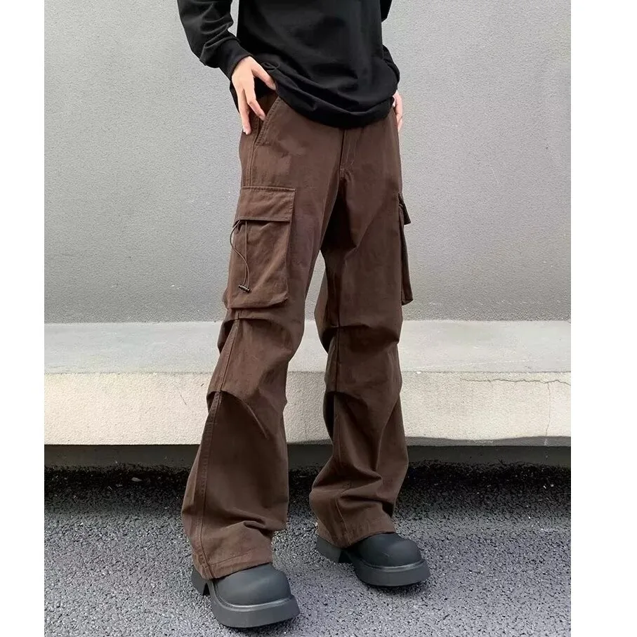 Retro American Street Brown Pleated Work Pants Loose Straight Leg Trousers for Men And Women Multi-Pocket Trendy Casual Pants