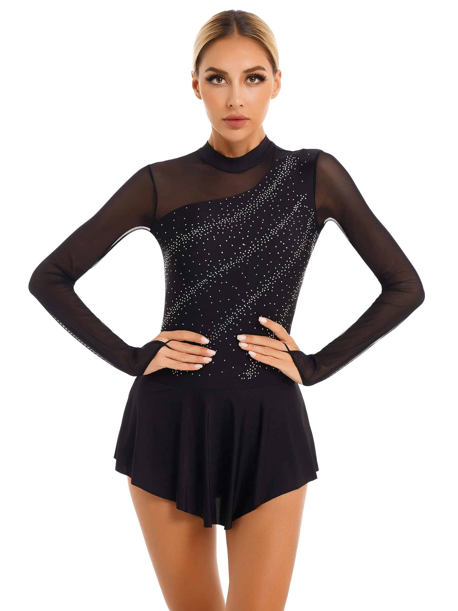 

Womens Figure Skating Ballet Dance Contemporary Dress Glitter Rhinestone Sheer Mesh Long Sleeve Leotard Roller Skating Dress