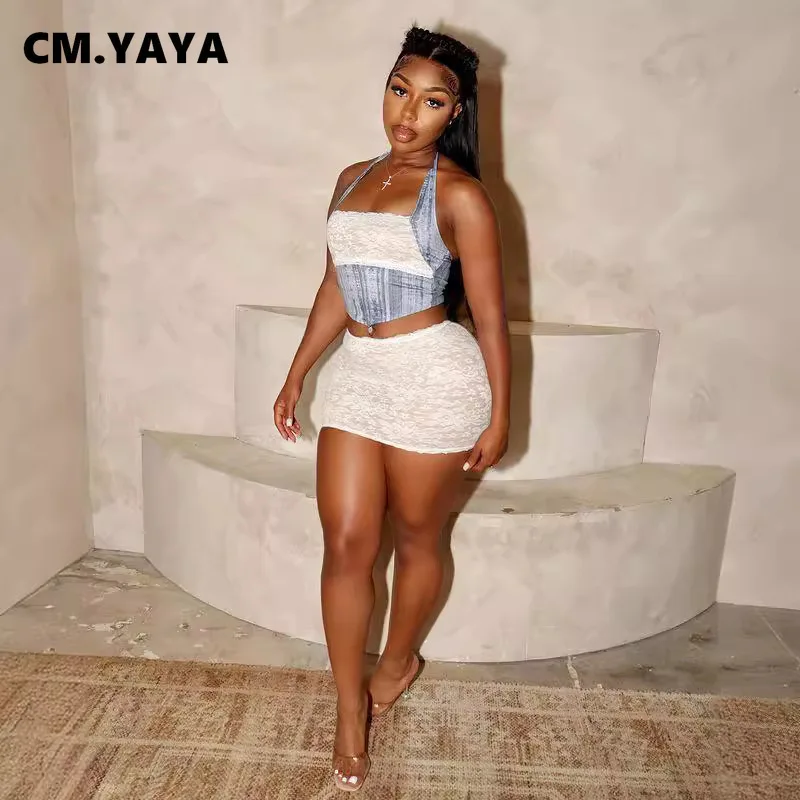 CM.YAYA Fashion Women's Set Sleeveless Lace Halter Crop Top and Mini Skirt 2025 Spring Night Club Party Two 2 Piece Set Outfits