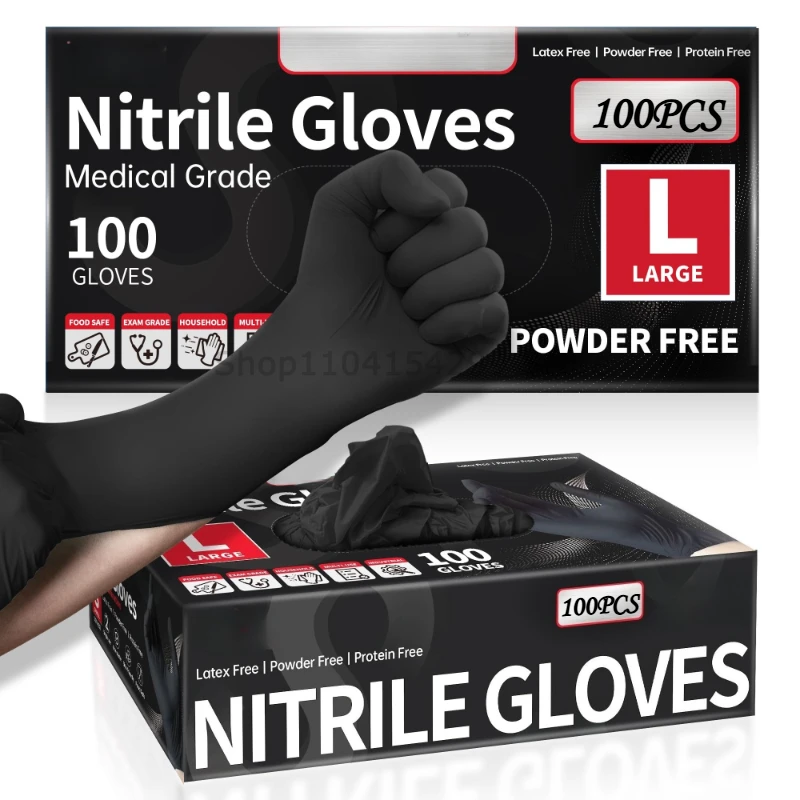 100/200 Guantes Desechables de Nitrilo Negros para Trabajo, Sin Látex, para Limpieza del Hogar, Texturizados, para Mecánicos, Tatuajes, Tinte de Cabello y Belleza