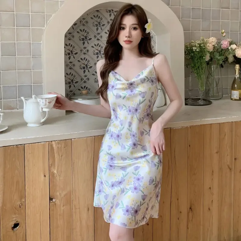 Summer Ice Silk Pajamas 2025 New Lady Sexy Pure Desire Style High-End Long Nightdress Women Thin Large Size Sweet Nightgown