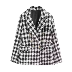 Women 2024 Autumn New Fashion Houndstooth Blazer Vintage Long Sleeve Button-up Ladies Outerwear Stylish Top