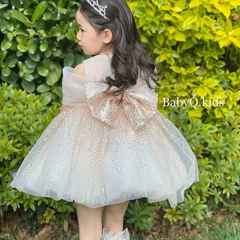 Toddler Champagne Sparkly Tulle Tutu Dress Mesh Cape Sleeve Rhinestone Decor Short Princess Gown Girls Party Photoshoot Outfit