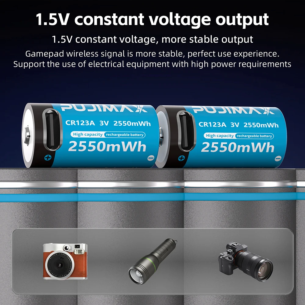 PUJIMAX Type-C Rechargeable CR123A 2550mWh 3V Lithium Battery Rechargeable Battery High Capacity  Portable Stable Output