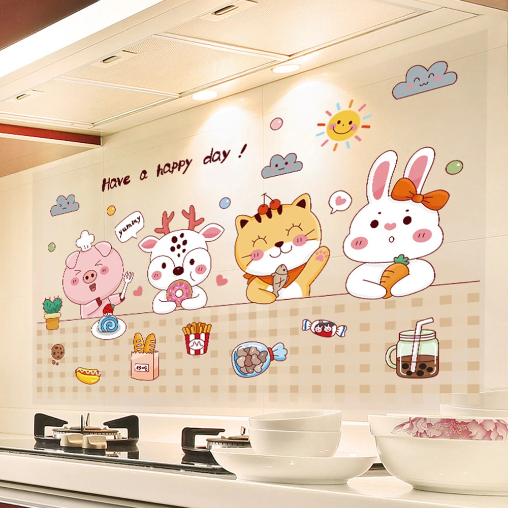 Self-Adhesive Oil Proof Wall Stickers Wallpaper Kitchen Backsplash Wall Protector Cartoon Animal Pattern Waterproof Sticker