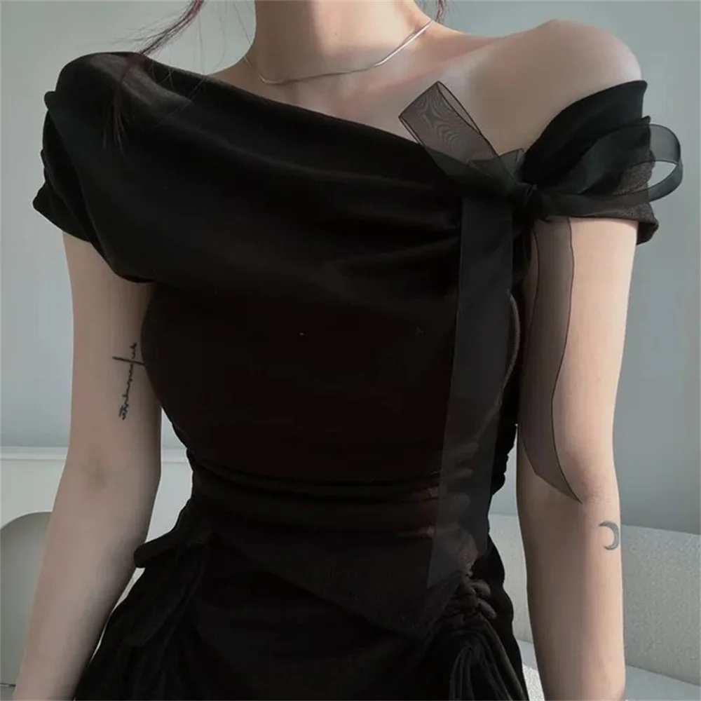 Korean Style 2026 Summer Vintage Lady Sweet Tees Women Sexy Bow Lace Up Cropped Tops Irregular Off Shoulder Short Sleeve Shirts - view 3