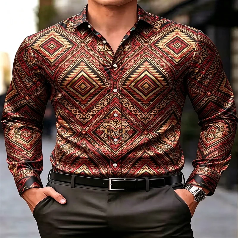 Men's luxury satin long-sleeve shirt featuring a gold feather geometric print; a collared, button-down style suitable for partie