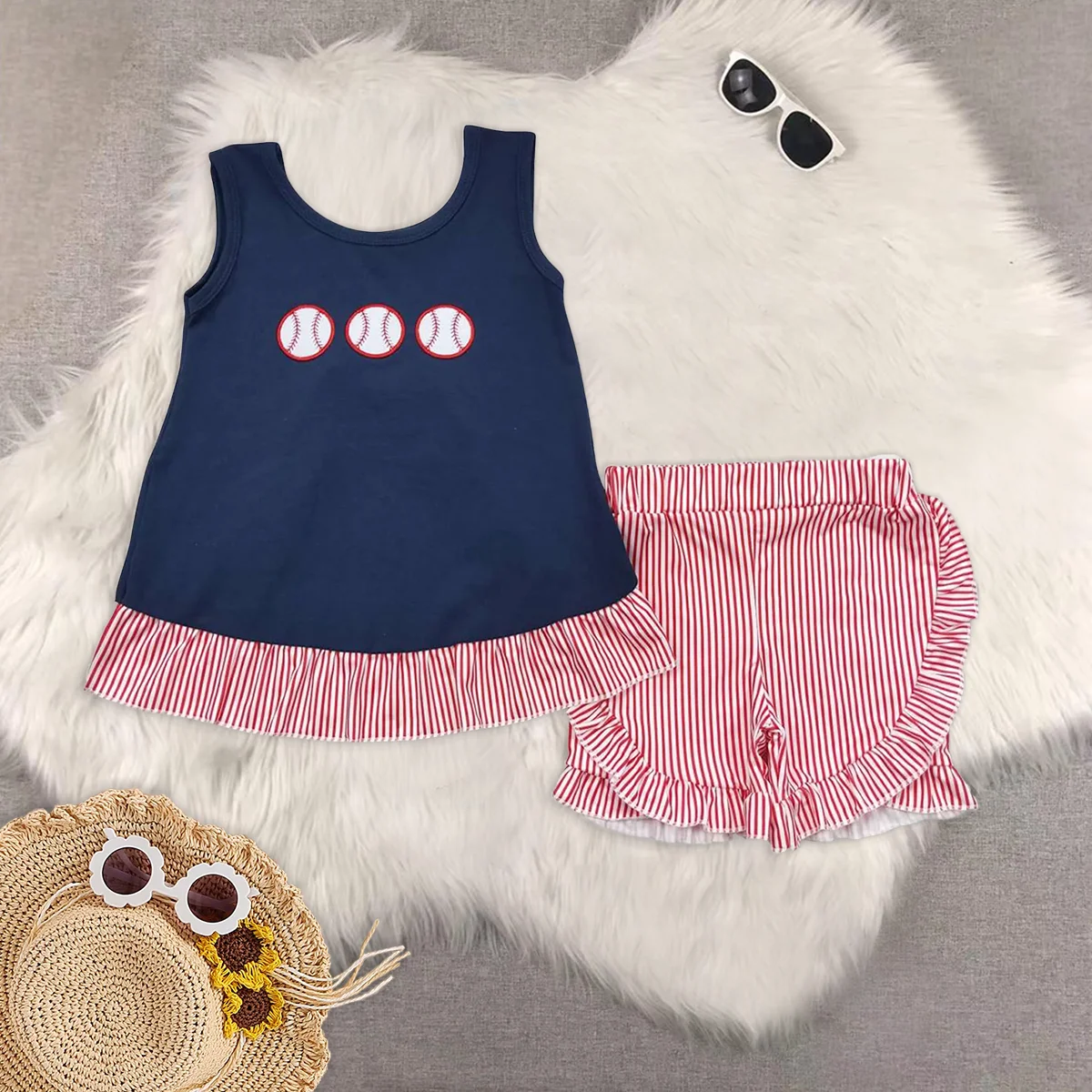 

Baby Girls Baseball Sleeveless Tunic Tops Ruffle Shorts Outfits Clothes Sets