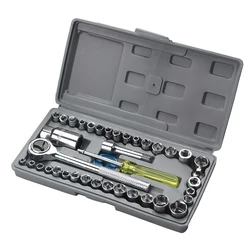 40 Pieces Drive Socket Ratchet Wrench Set With Extension Bars 1/4-Inch & 3/8-Inch Drive Hex Socket Mechanics Kit With Case