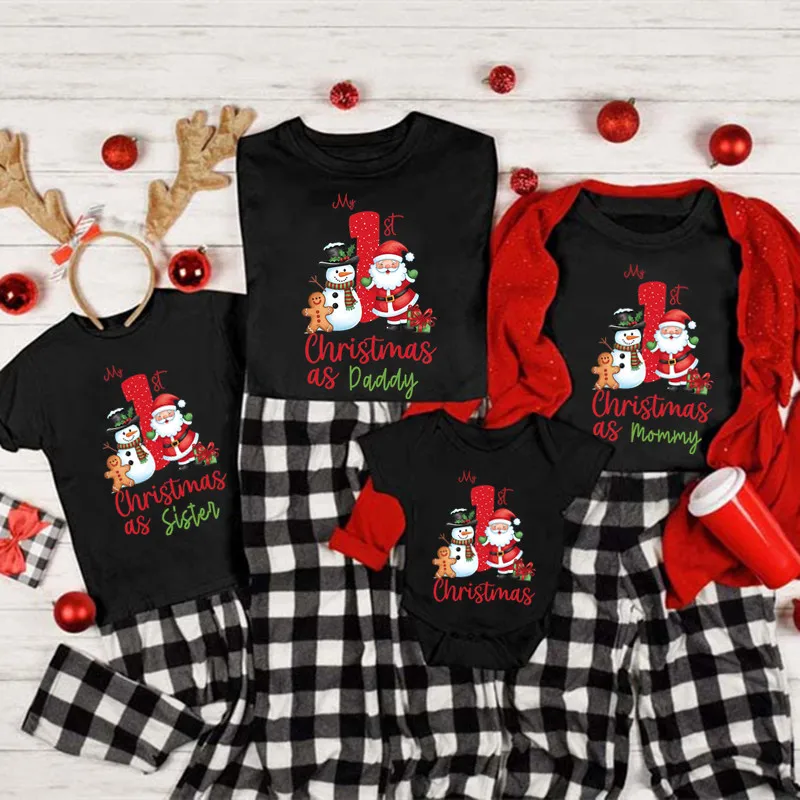 Primera Navidad: conjuntos a juego para mamá, papá y la familia, camisetas con estampado de Papá Noel y muñeco de nieve, ropa para bebé, atuendos navideños para toda la familia.
