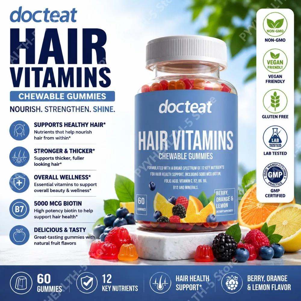 

Docteat Hair Vitamins Gummies Chewable 60 Gummies Naturally Flavored Berry Orange Lemon Biotin Zinc Vit C and Vit E Collagen