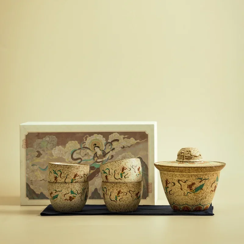Tea Ceremony Set Tea Tools Gift Set Colorful Dunhuang Feitian Travel Tea Set Ceramic Outdoor Camping Teapot Tea Cup Portable