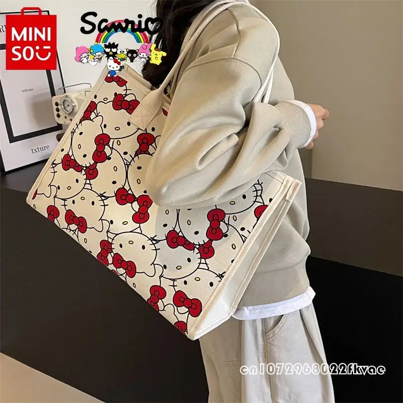 Miniso-Bolsa Hello Kitty feminina, bolsa de ombro elegante de grande capacidade, bolsa de compras dos desenhos animados para meninas, alta qualidade, nova