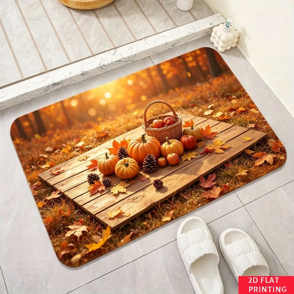 Gnome Wagon Fall Harvest Rug Orange Plaid Border Pumpkin Apple Leaf Print Non Slip Indoor Entrance Mat For Autumn Season Home