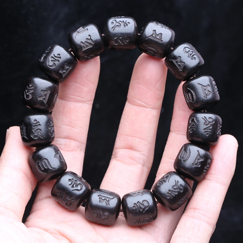 Authentic natural Ebony six-character Real Words Tibetan mantra Turning warp Wheel bracelet 15mmx15mm bracelet