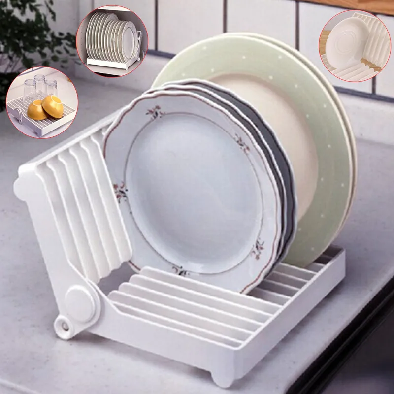 1Pc Foldable Dish Plate Drying Rack Organizer Drainer Plastic Storage Holder White Kitchen Organizer