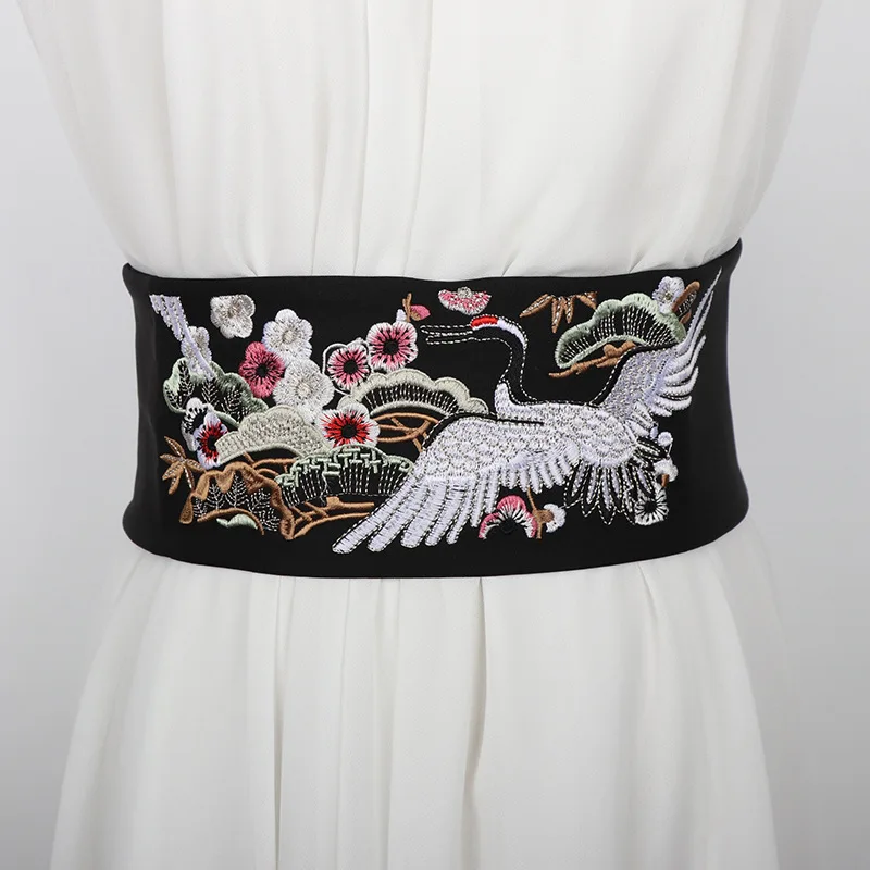 Antique Style Hanfu Belt Crane Embroidered Wide Waist Belt Women Self Tie Wrap Sash Straps Dress Kimono Obi Waist Belts