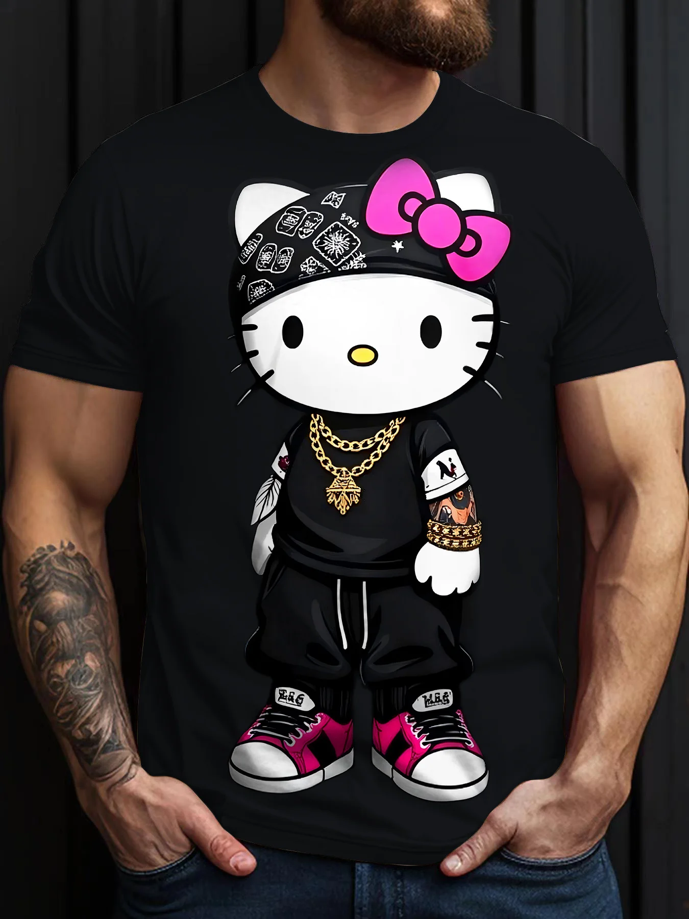 

Sanrio Men's Round Neck T-shirt - Hello Kitty&Kuromi Printed Cartoon Casual Fashion Short Sleeve Couple Gothic