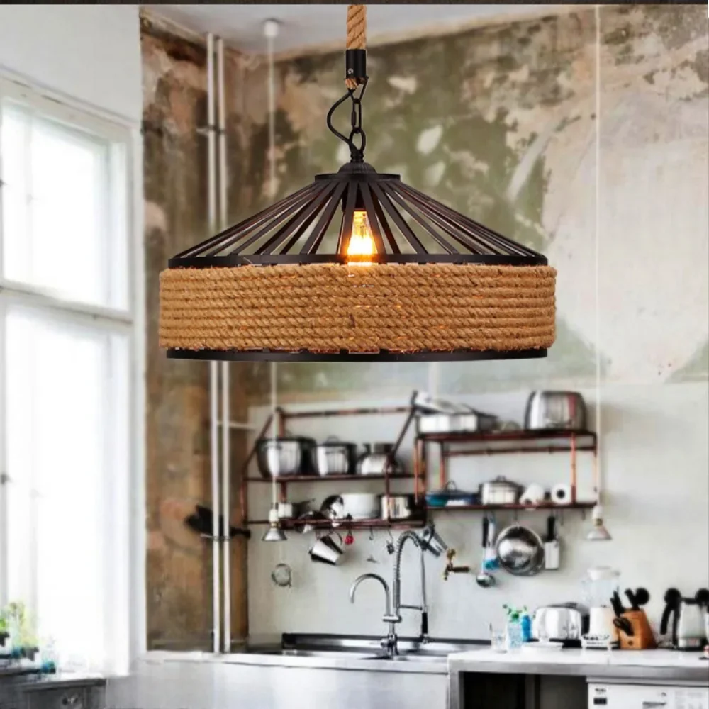 Retro Hemp Rope Indoor Pendant Lights Fixture American Vintage Loft Restaurant Kitchen Hanging Lamp Suspension Round Luminaire