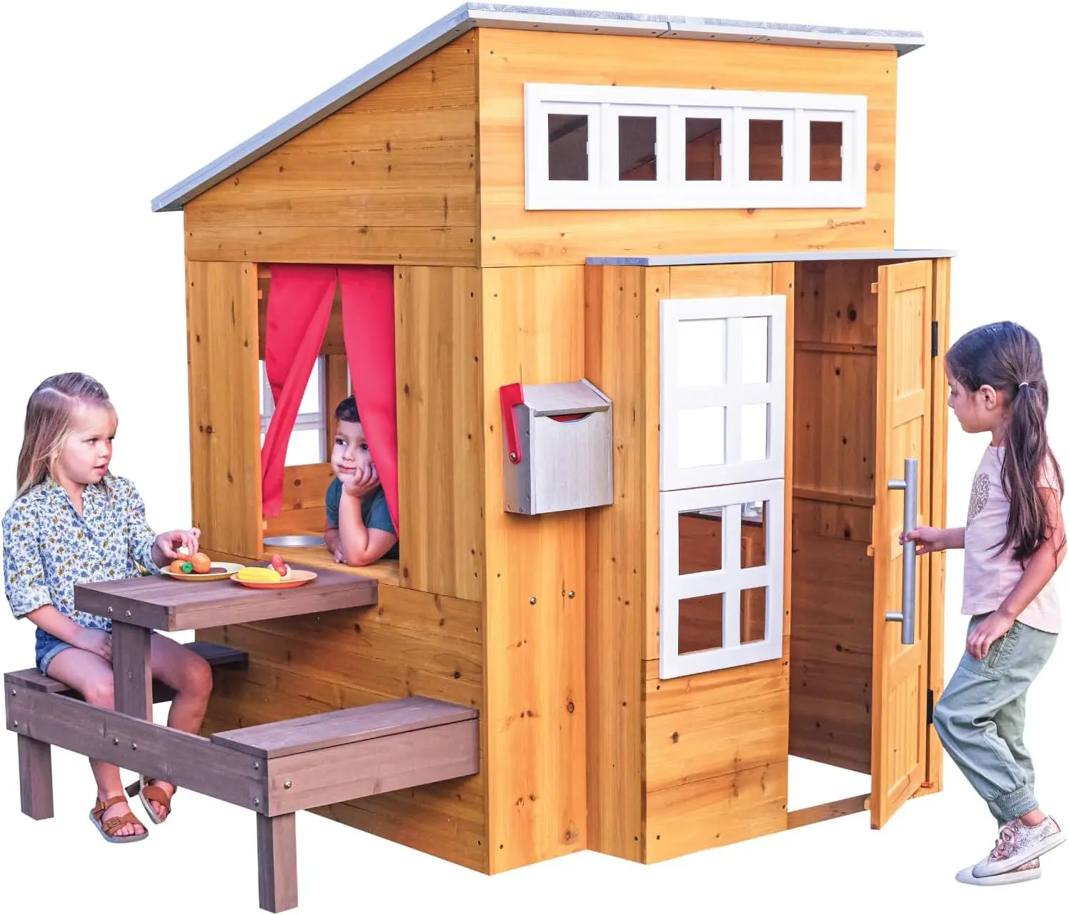 Outdoor Wooden Playhouse with Picnic Table, Mailbox and Outdoor Grill ,Gift for Ages 3+