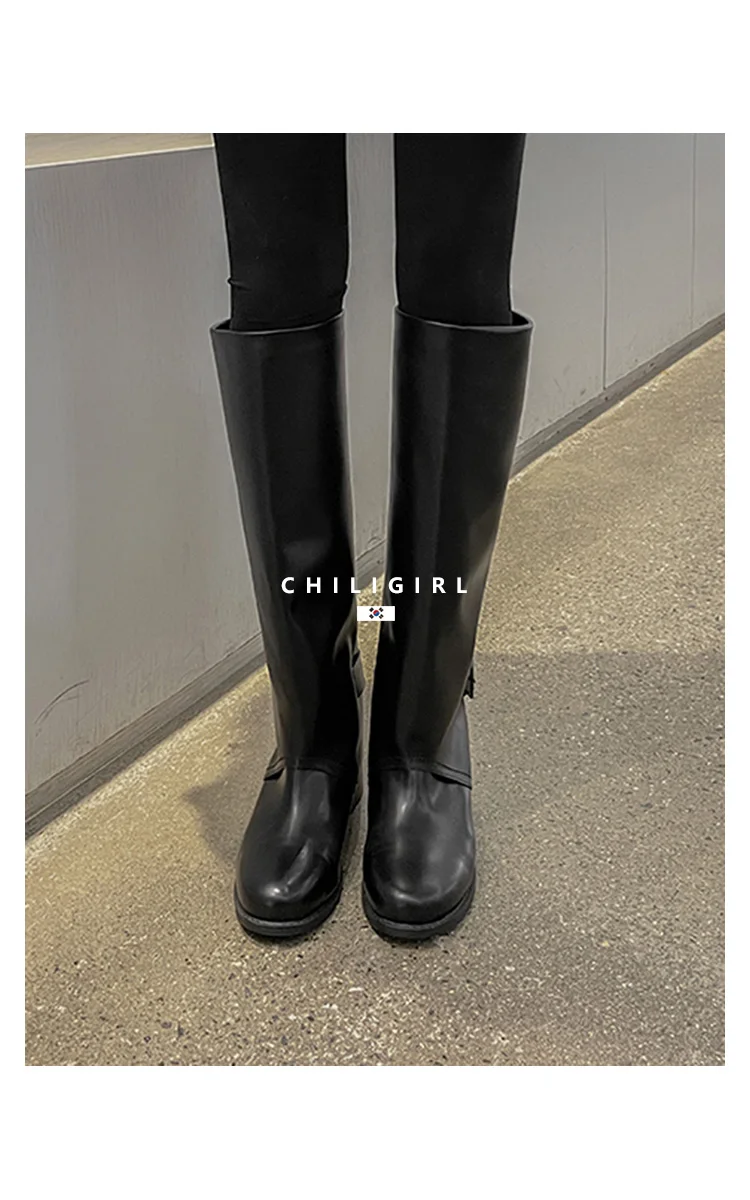 Round Toe Black Real Leather Boots Buckle Decoration Chunky Heel Knee High Riding Boots Women Winter Luxury Punk Soft Shoes