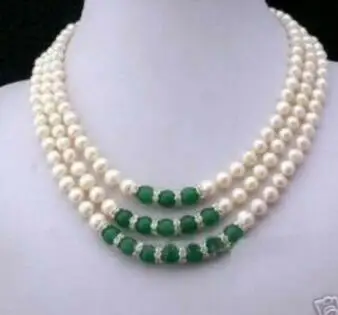 3Rows 7-8MM White Akoya Pearl and Green Jade Necklace