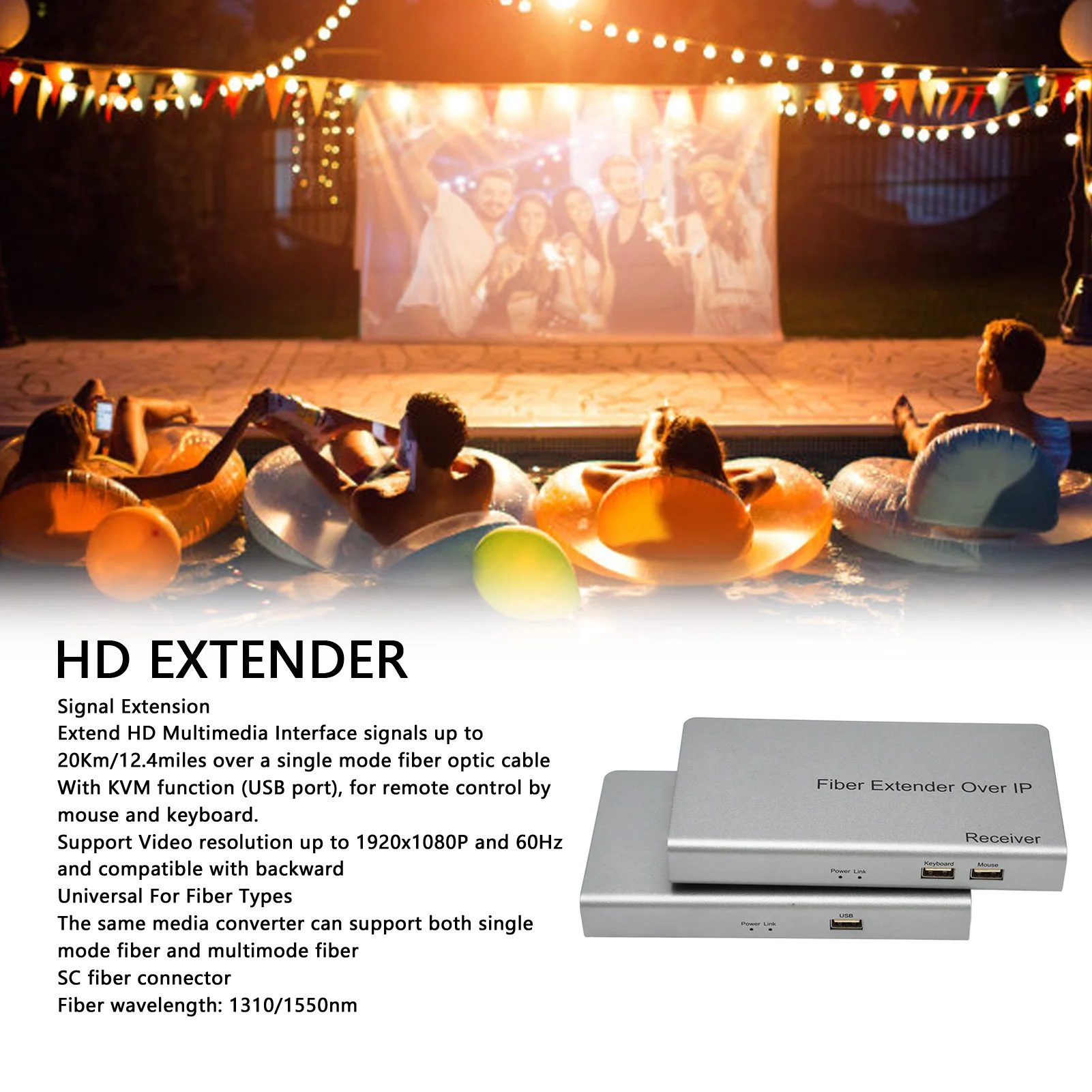 Extender KVM 12.4miles Easy To Use HD Multimedia Interface Optical  Extender Bilateral Heat Dissipation for Game Console