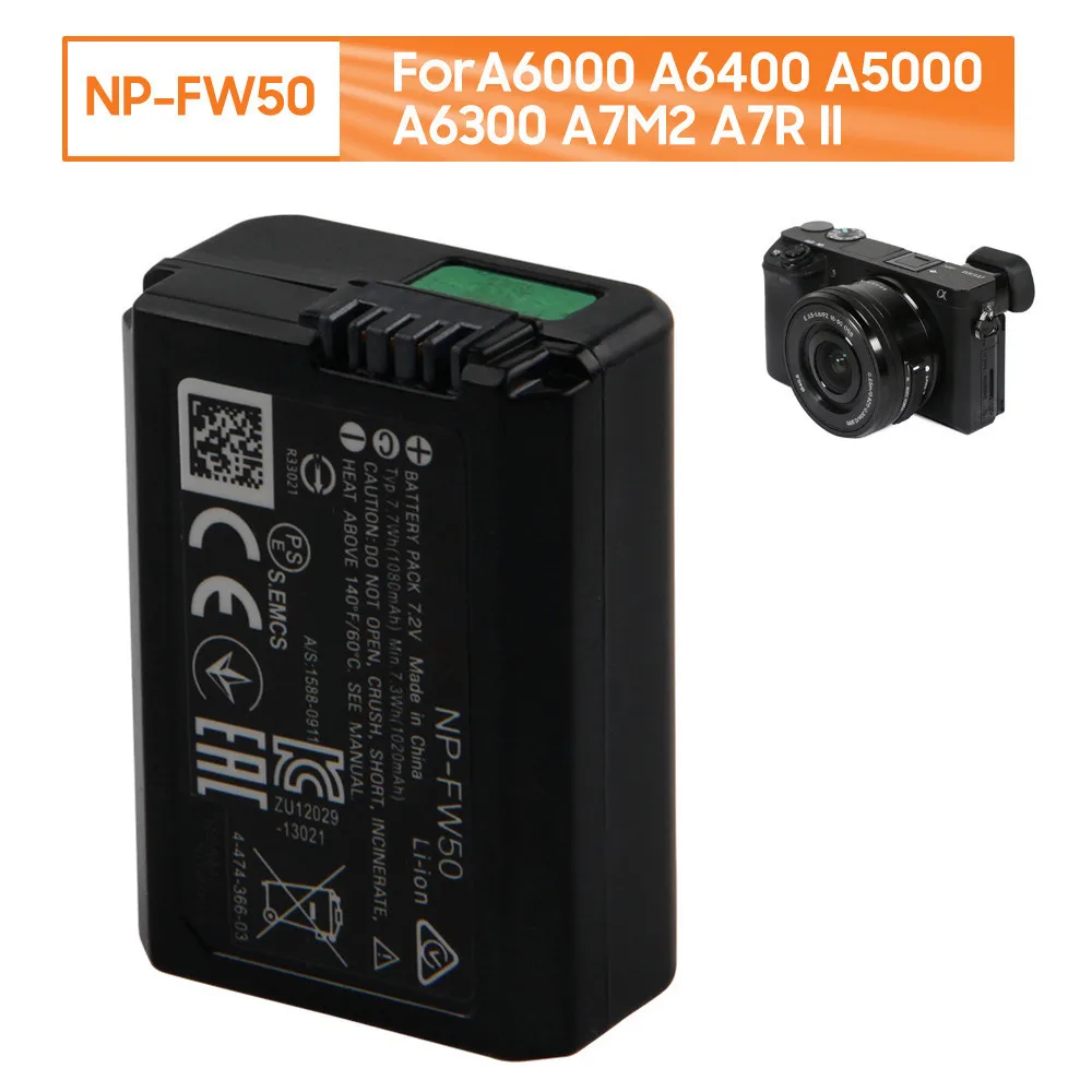 

Battery Charger + Replacement Battery NP-FW50 For SONY A6000 α6000 A6400 A5000 A6300 A7M2 A7R II Camera Battery 1080mAh