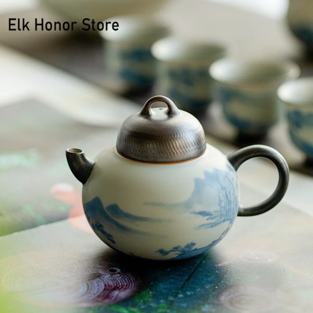 150ml Pure Hand-painted Landscape Ceramic Teapot Retro Matte Glaze Pot with Ball Hole Filter Chinese Tea Brewing Kettle Teawre