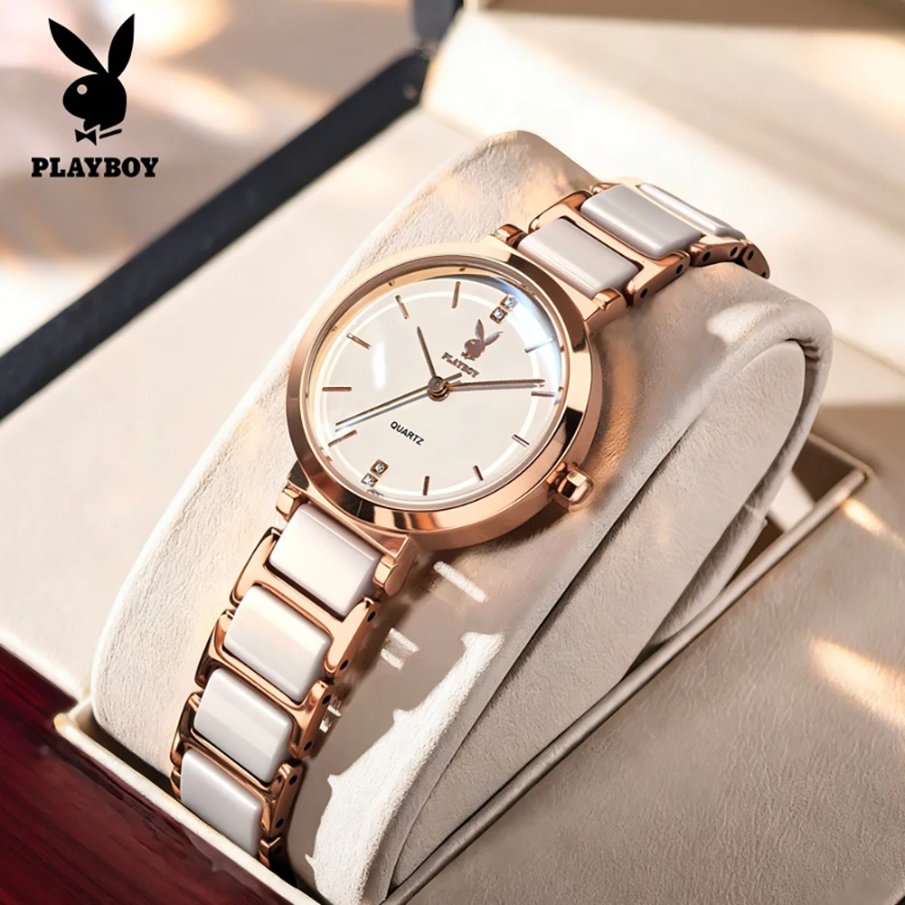 

PLAYBOY 3128 Elegance Quartz Movement Watch For Women Minimalist Dial Steel Ceramic Bracelet 30m Waterproof Stylish Watch