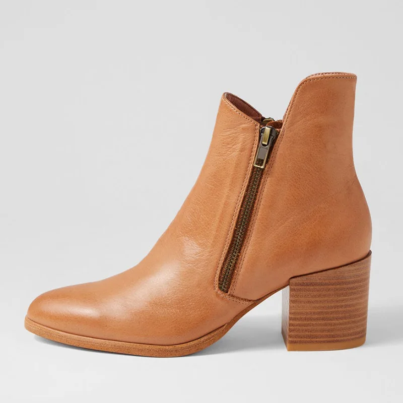 

New Women's Short Boots Double Zipper Chunky Heel round Toe Soft Cowhide Comfortable Fashion Footwear