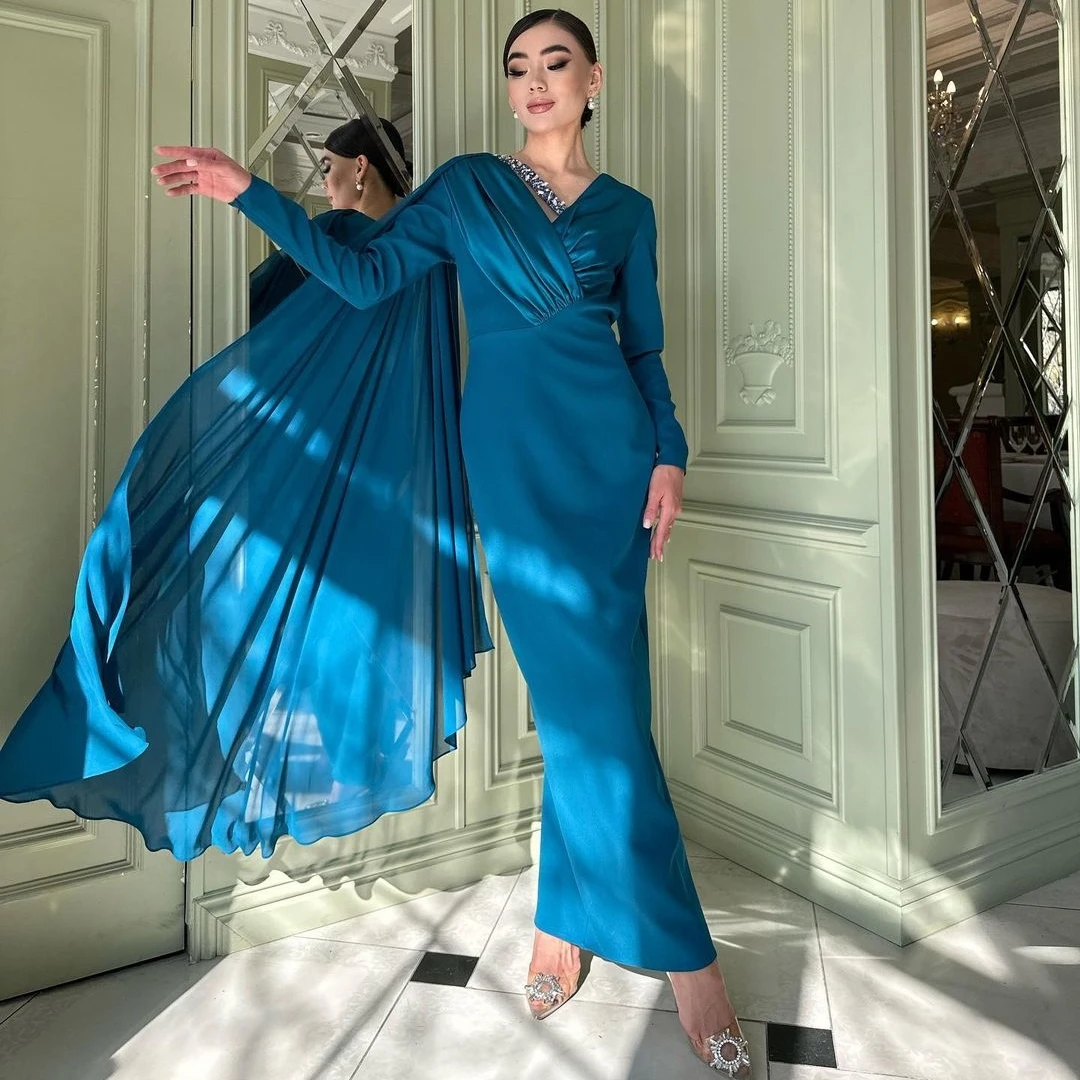 Blueribbon-vestidos de noche con cuello en V y cuentas para mujer, ropa de Arabia Saudita, vestido de graduación de manga larga hasta el tobillo, vestidos de fiesta de cumpleaños