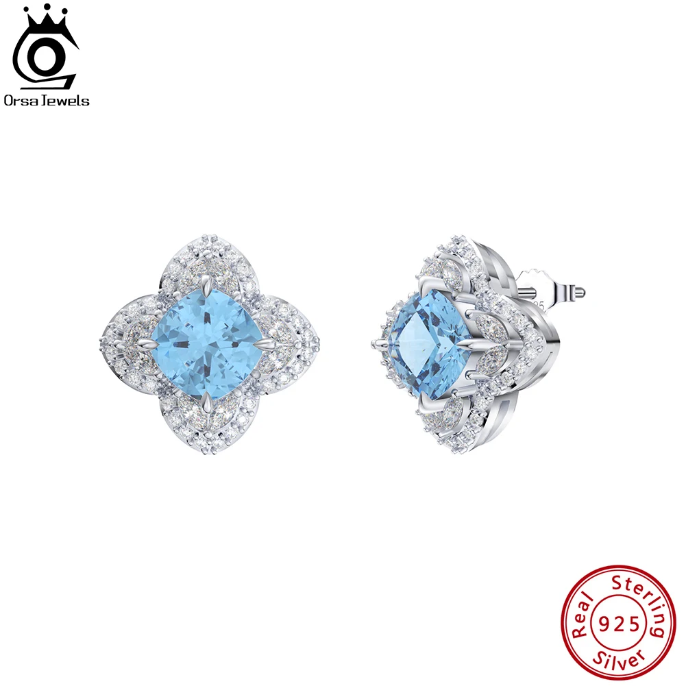 

ORSA JEWELS Created Aquamarine Sparkling Earrings 925 Sterling Silver Zirconia Stud Earrings for Women Wedding Jewelry LZE09